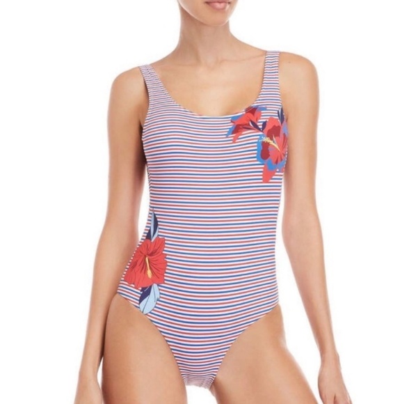 $195 NEW ANTROPOLOGIE x ONIA One Piece Red Blue S M Floral Striped Slim Fitted - Picture 7 of 11